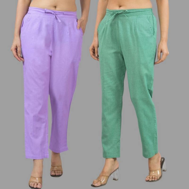 Combo of 2 Purple and Green Cotton Flax Women Trouser Pants-11322