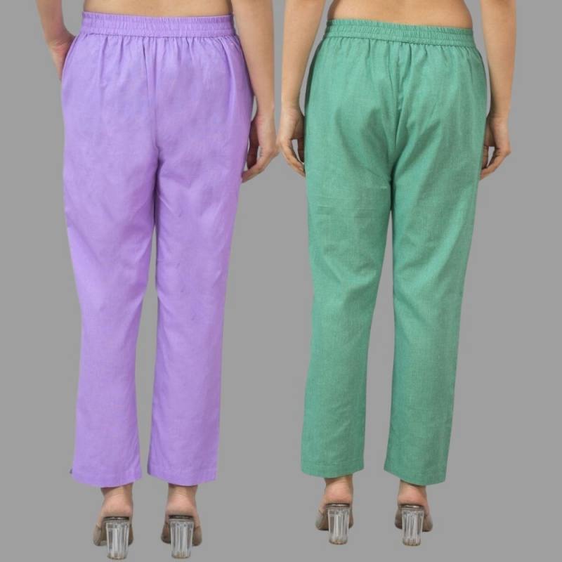 Combo of 2 Purple and Green Cotton Flax Women Trouser Pants-11322
