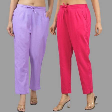 Combo of 2 Purple and Magenta Pink Cotton Flax Women Trouser Pants-11325