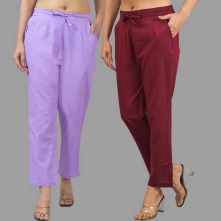 Combo of 2 Purple and Maroon Cotton Flax Women Trouser Pants-11324