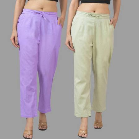 Combo of 2 Purple and Mint Green Cotton Flax Women Trouser Pants-11312