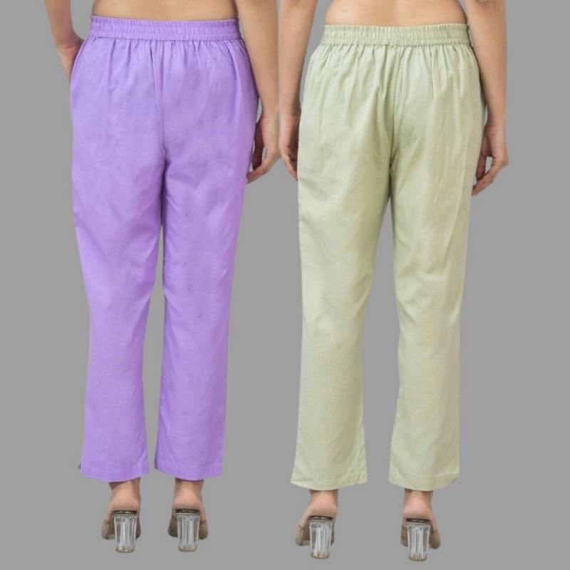 Combo of 2 Purple and Mint Green Cotton Flax Women Trouser Pants-11312