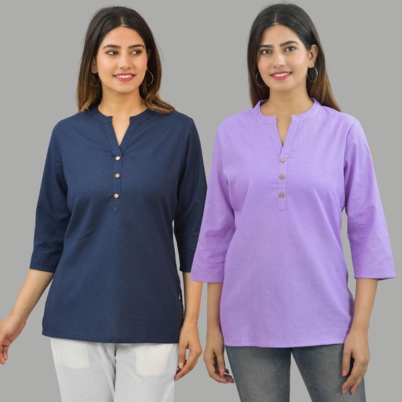 Combo of 2 Purple and Navy Blue Cotton Flax Women Top-10643