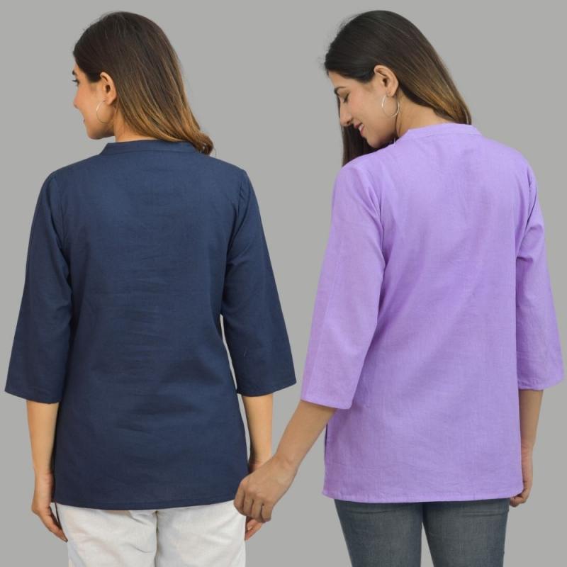 Combo of 2 Purple and Navy Blue Cotton Flax Women Top-10643