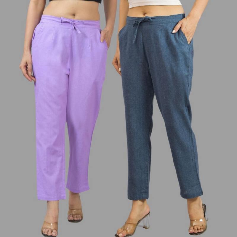 Combo of 2 Purple and Navy Blue Cotton Flax Women Trouser Pants-11317
