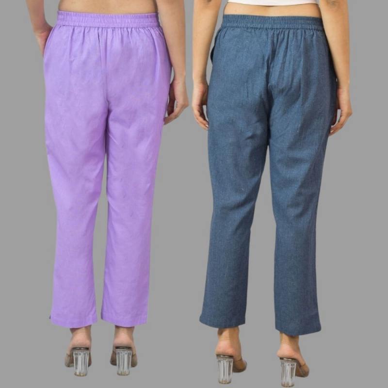 Combo of 2 Purple and Navy Blue Cotton Flax Women Trouser Pants-11317