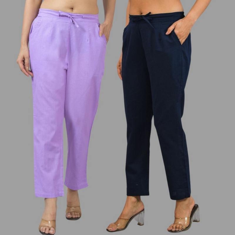 Combo of 2 Purple and Navy Blue Cotton Flax Women Trouser Pants-11326