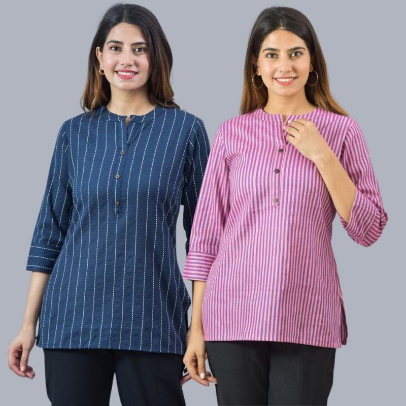 Combo of 2 Purple and Navy Blue Cotton Stripe Women Top-10496