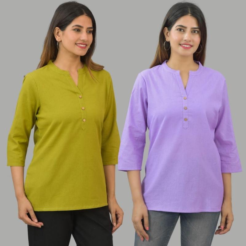 Combo of 2 Purple and Olive Green Cotton Flax Women Top-10667