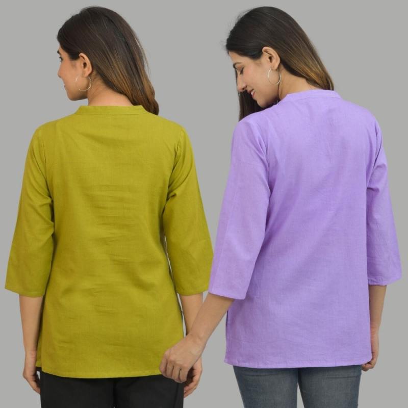 Combo of 2 Purple and Olive Green Cotton Flax Women Top-10667