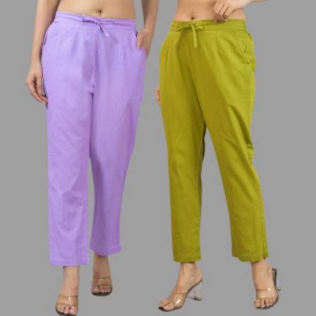 Combo of 2 Purple and Olive Green Cotton Flax Women Trouser Pants-11327