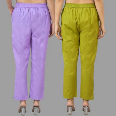 Combo of 2 Purple and Olive Green Cotton Flax Women Trouser Pants-11327
