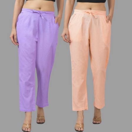 Combo of 2 Purple and Peach Cotton Flax Women Trouser Pants-11313