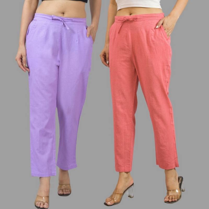 Combo of 2 Purple and Peach Cotton Flax Women Trouser Pants-11315
