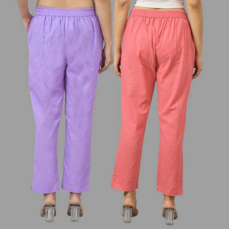 Combo of 2 Purple and Peach Cotton Flax Women Trouser Pants-11315