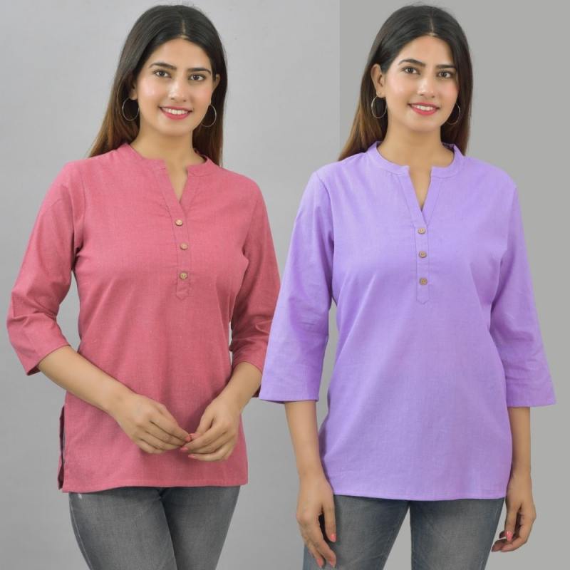 Combo of 2 Peach and Olive Green Cotton Flax Women Top-10668
