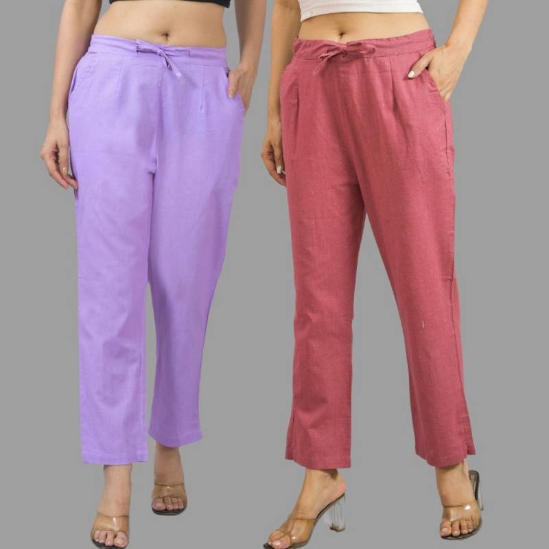 Combo of 2 Purple and Pink Cotton Flax Women Trouser Pants-11314