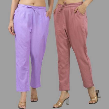 Combo of 2 Purple and Pink Cotton Flax Women Trouser Pants-11328