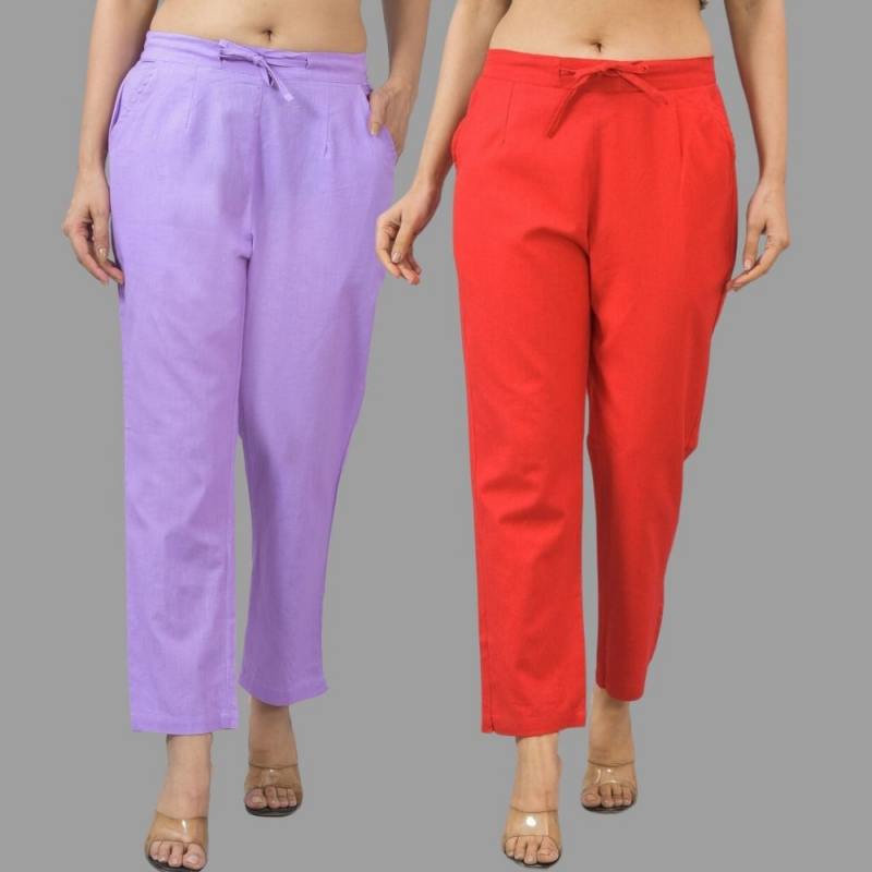 Combo of 2 Purple and Red Cotton Flax Women Trouser Pants-11329