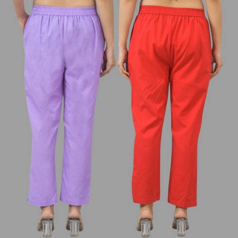 Combo of 2 Purple and Red Cotton Flax Women Trouser Pants-11329