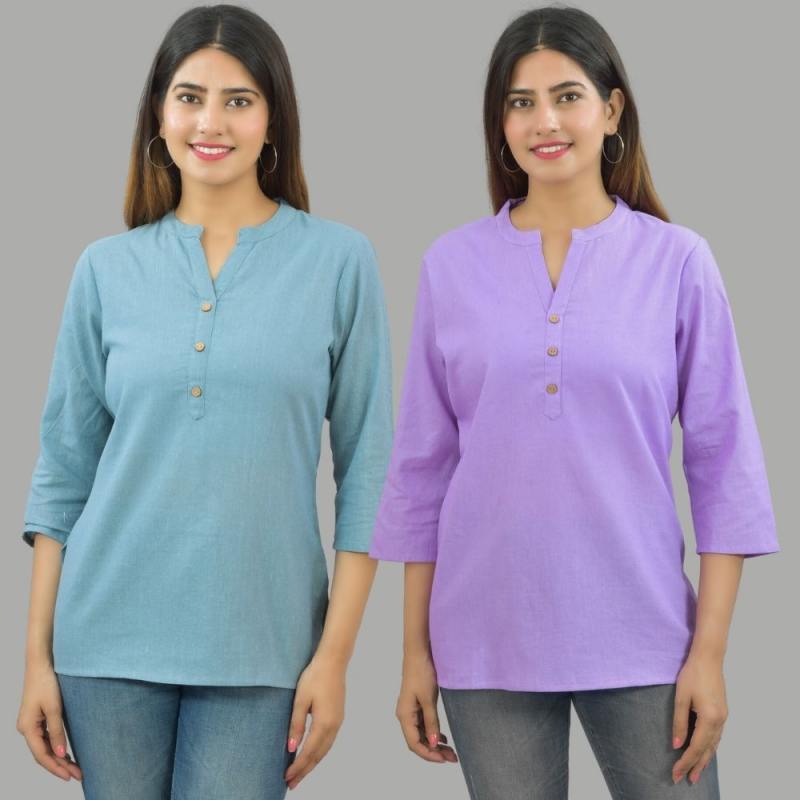 Combo of 2 Purple and Sky Blue Cotton Flax Women Top-10684