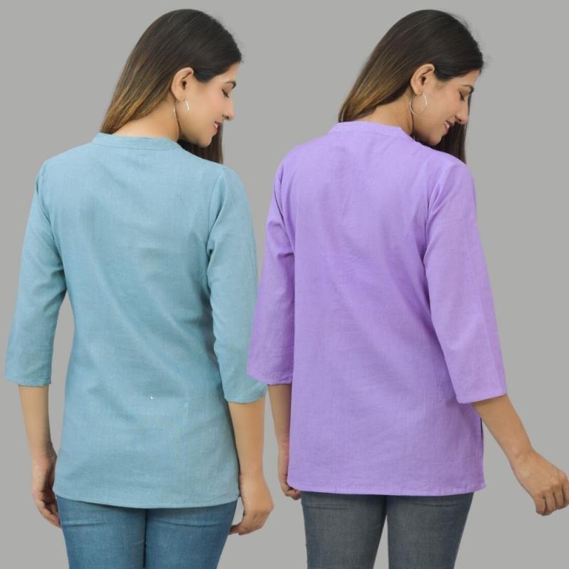 Combo of 2 Purple and Sky Blue Cotton Flax Women Top-10684