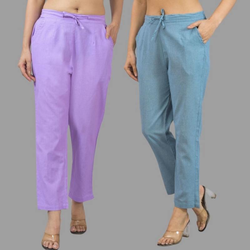 Combo of 2 Purple and Sky Blue Cotton Flax Women Trouser Pants-11330