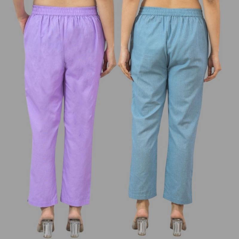 Combo of 2 Purple and Sky Blue Cotton Flax Women Trouser Pants-11330