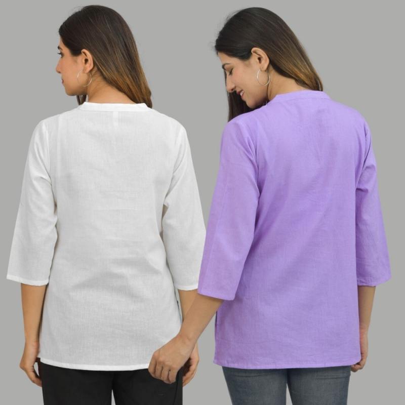 Combo of 2 Purple and White Cotton Flax Women Top-10679