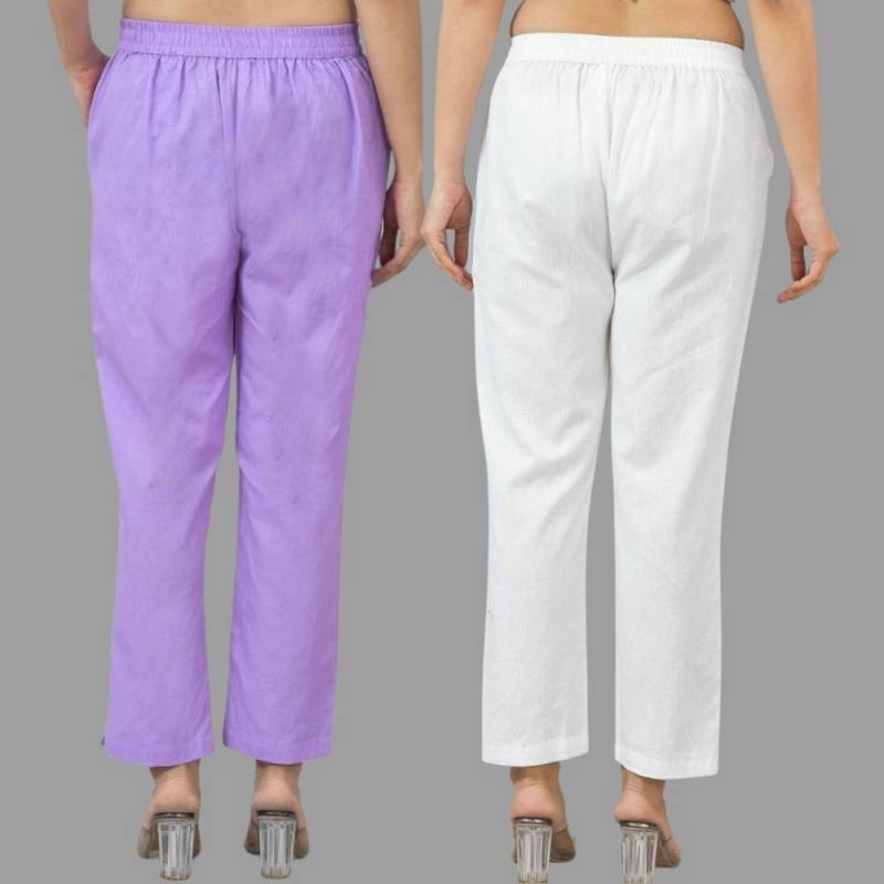 Combo of 2 Purple and White Cotton Flax Women Trouser Pants-11332