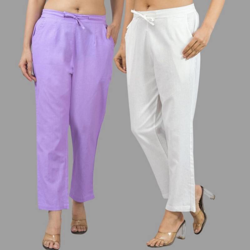 Combo of 2 Purple and White Cotton Flax Women Trouser Pants-11332