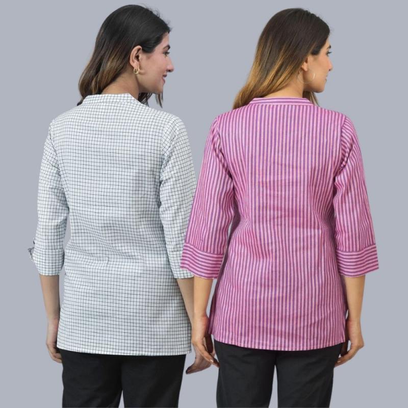 Combo of 2 Purple and White Cotton Stripe Women Top-10481