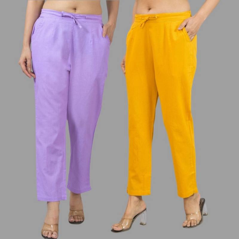 Combo of 2 Purple and Yellow Cotton Flax Women Trouser Pants-11333