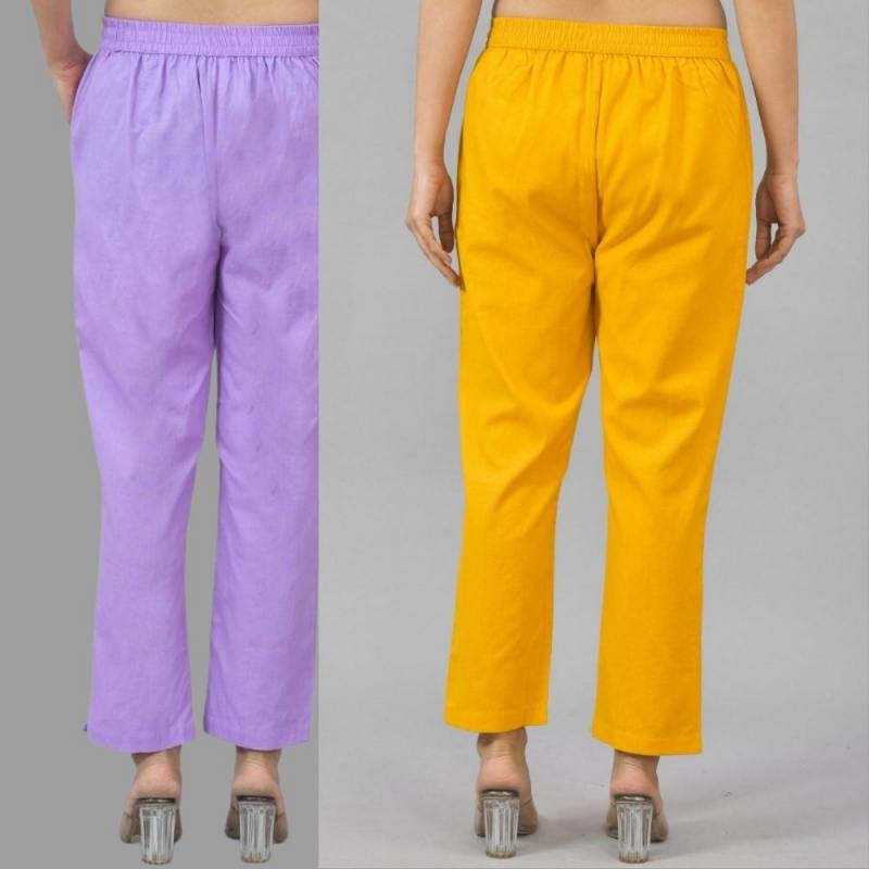 Combo of 2 Purple and Yellow Cotton Flax Women Trouser Pants-11333