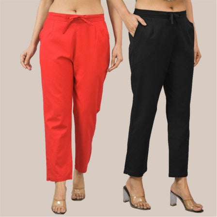 Combo of 2 Red and Black Cotton Flax Women Trouser Pant-10334