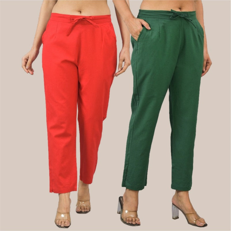 Combo of 2 Red and Bottle Green Cotton Flax Women Trouser Pant-10345