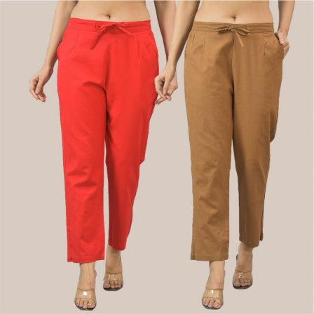 Combo of 2 Red and Brown Cotton Flax Women Trouser Pant-10355