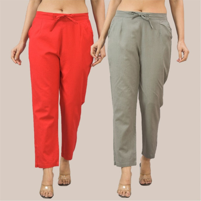 Combo of 2 Red and Gray Cotton Flax Women Trouser Pant-10364