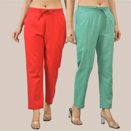 Combo of 2 Red and Green Cotton Flax Women Trouser Pant-10372