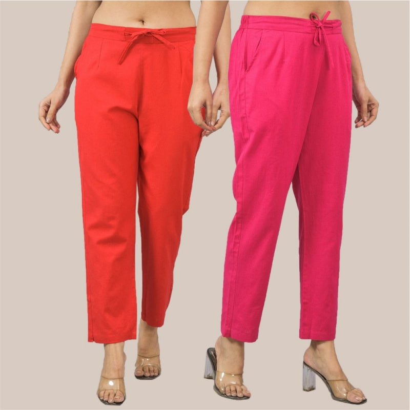Combo of 2 Red and Magenta Pink Cotton Flax Women Trouser Pant-10379