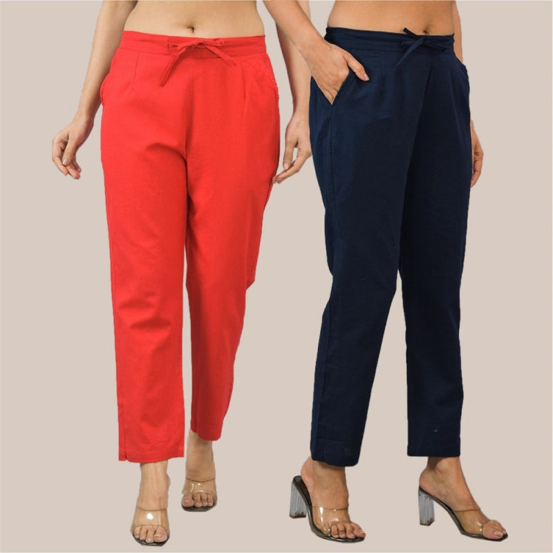 Combo of 2 Red and Navy Blue Cotton Flax Women Trouser Pant-10390