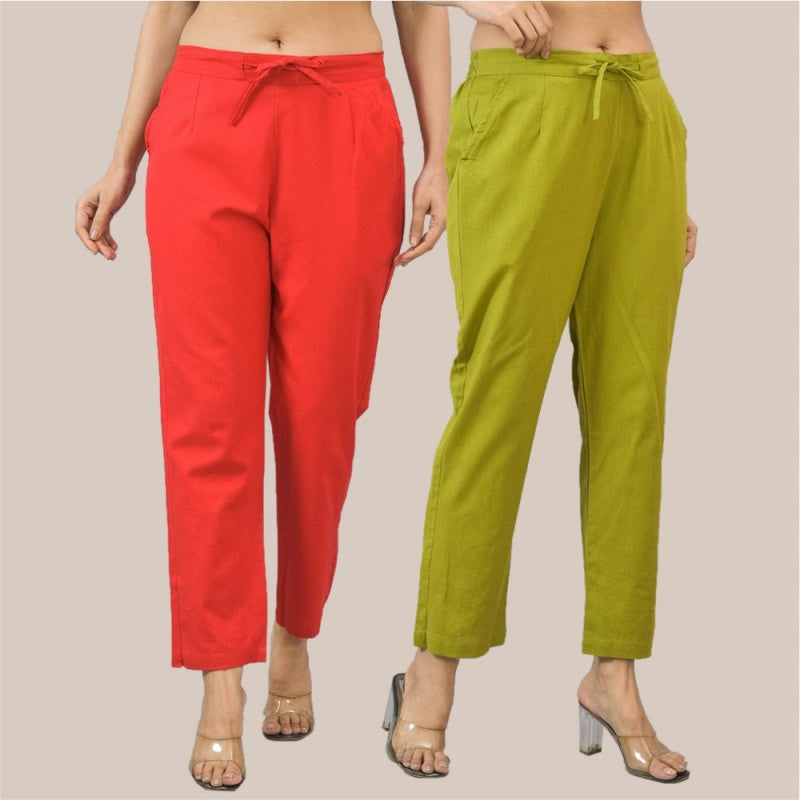 Combo of 2 Red and Olive Green Cotton Flax Women Trouser Pant-10394