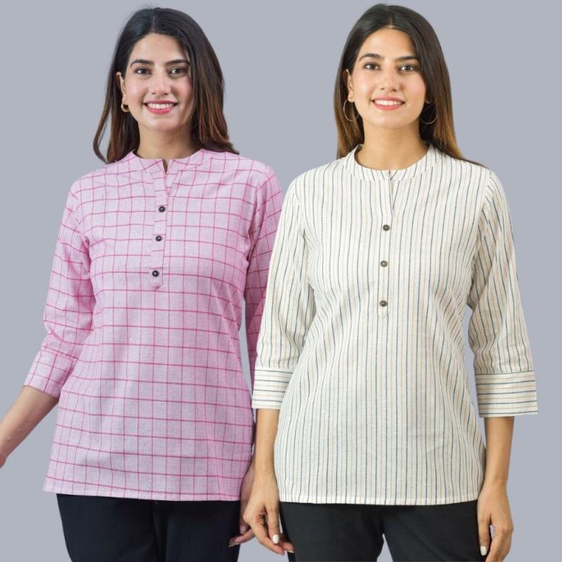 Combo of 2 Sky Blue and Baby Pink Cotton Checks and Stripe Women Top-10477