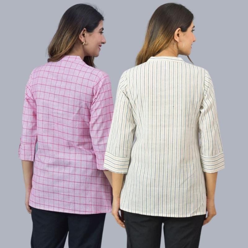Combo of 2 Sky Blue and Baby Pink Cotton Checks and Stripe Women Top-10477