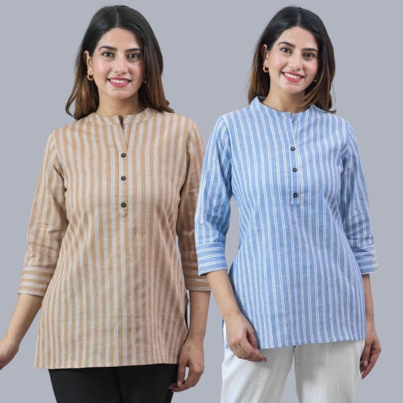 Combo of 2 Sky Blue and Beige Cotton Stripe Women Top-10491