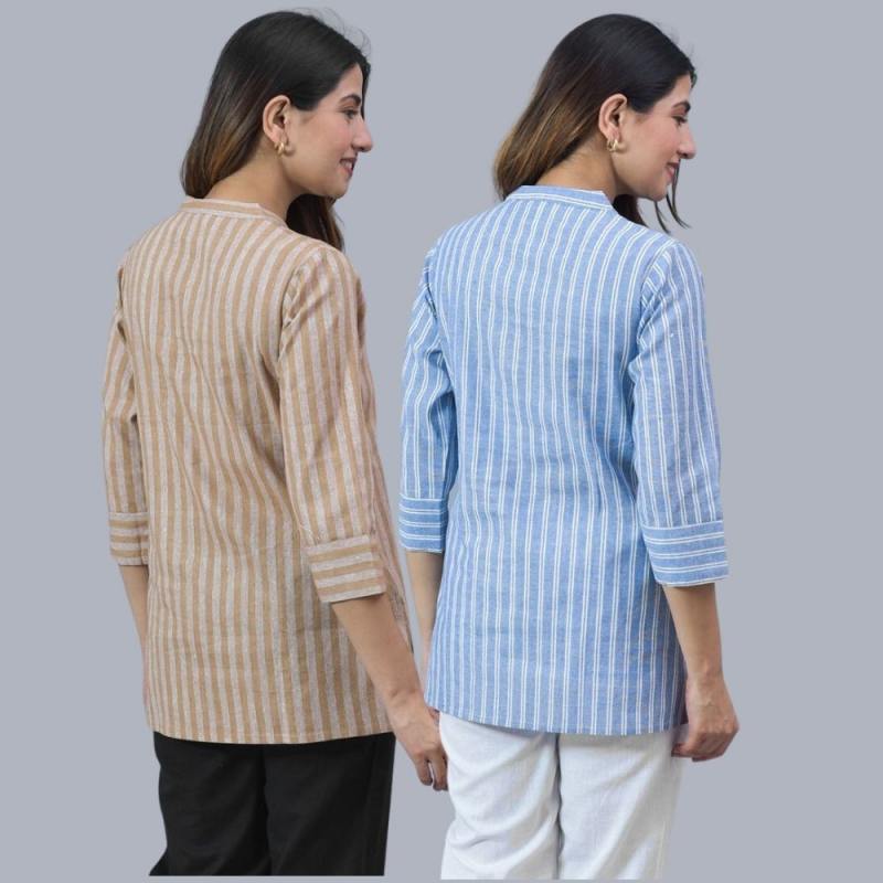 Combo of 2 Sky Blue and Beige Cotton Stripe Women Top-10491