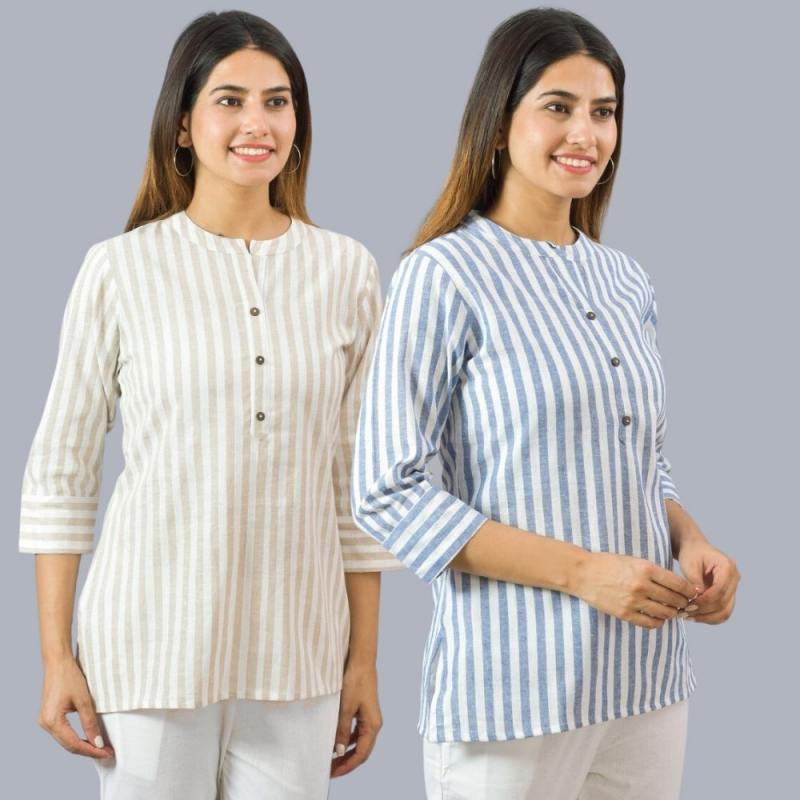 Combo of 2 Sky Blue and Beige Cotton Stripe Women Top-10519