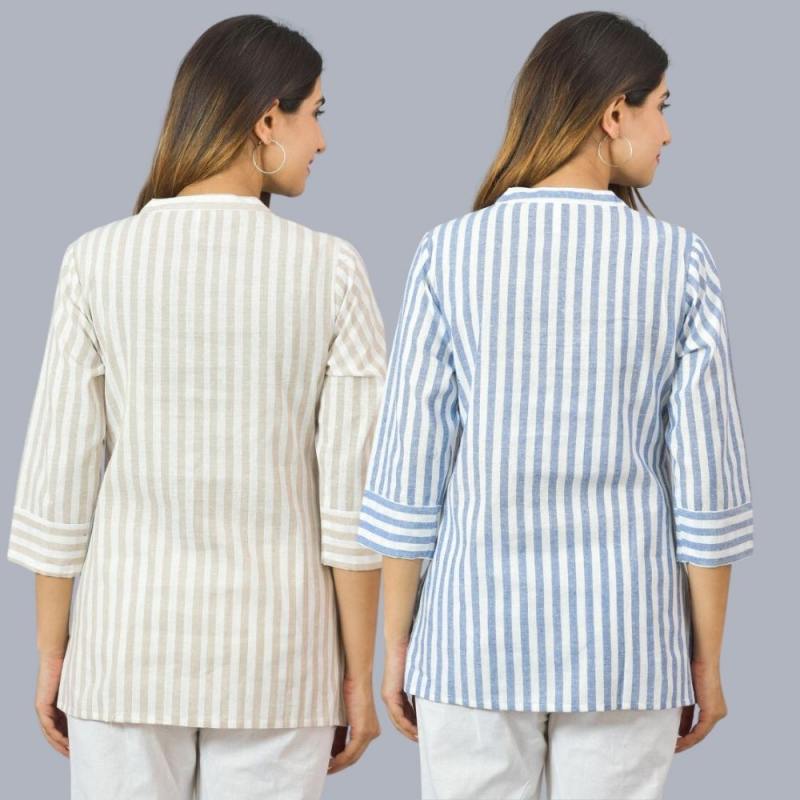 Combo of 2 Sky Blue and Beige Cotton Stripe Women Top-10519