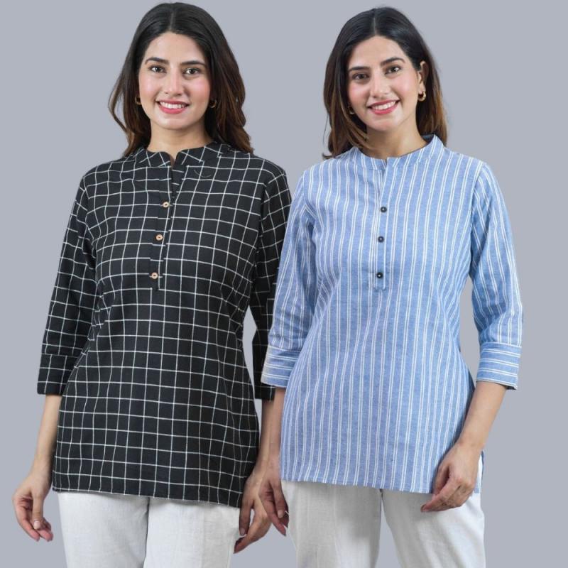 Combo of 2 Sky Blue and Black Cotton Checks and Stripe Women Top-10453