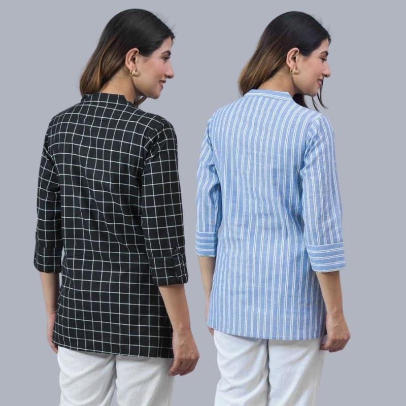 Combo of 2 Sky Blue and Black Cotton Checks and Stripe Women Top-10453